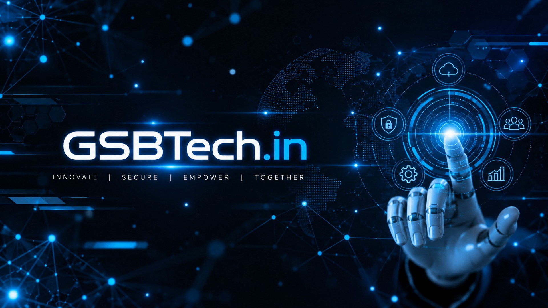 GSBTech.in — Innovate, Secure, Empower, Together. Cloud, security and technology branding.
